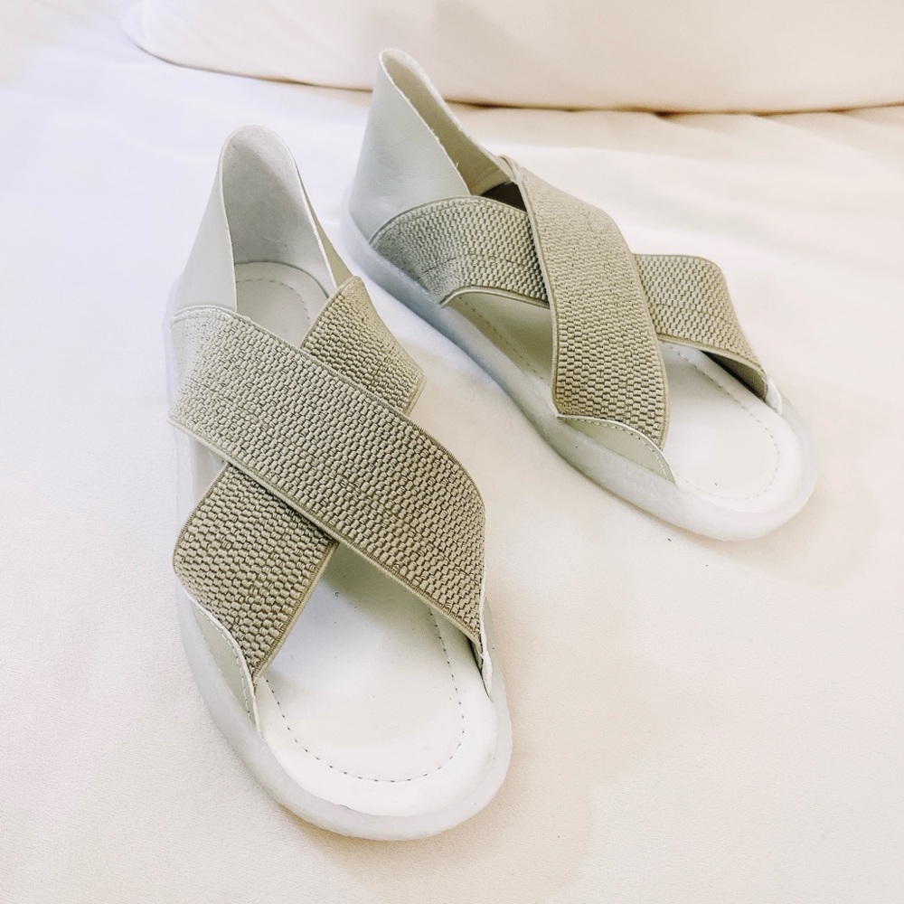 New！Women’s Elastic Strap Sandals Size US 6 –khaki -Cross Strap Flat Slip-On